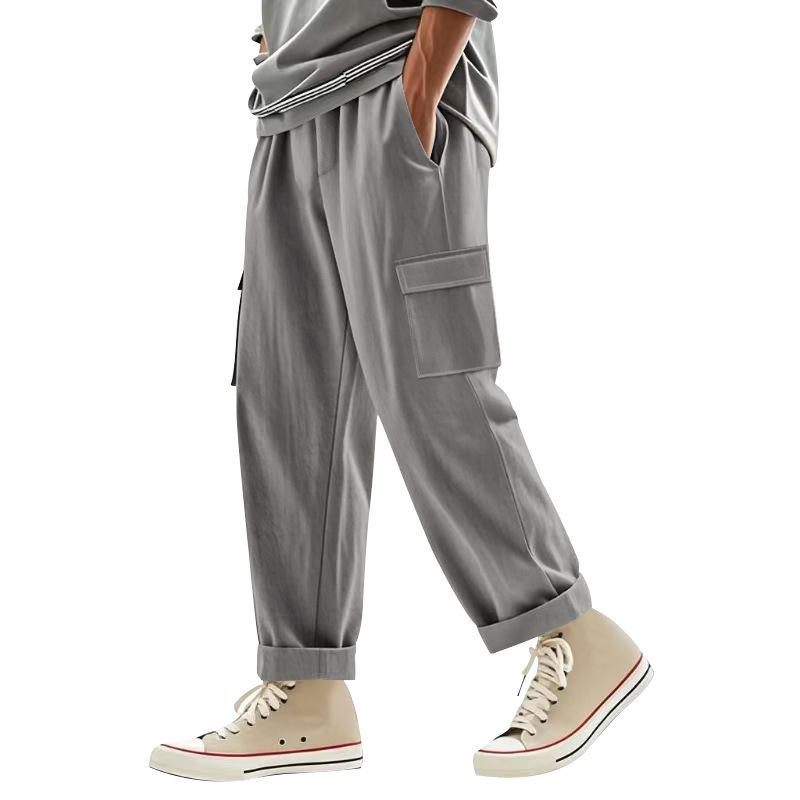 Men s Linen Trousers Four Seasons Thin Section Breathable Workwear Multi-pocket Loose Casual Trend Wide-legged Trousers M темно-серого