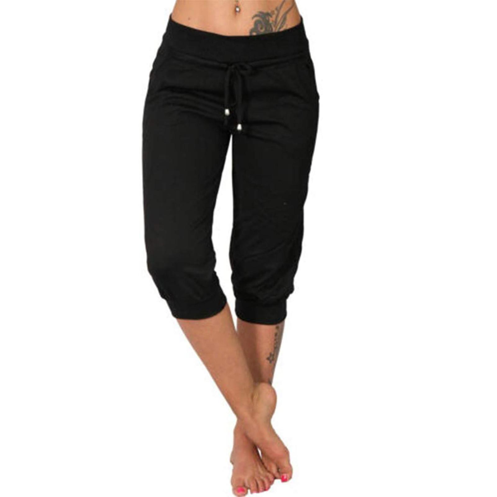 Women s Fashion Casual Color Elastic Waist Drawstring Lace Cropped Pants L чёрный