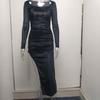 New Women's Elegant Sexy Square Neck Ruched High Waist Bodycon Split Dress Temperament Sexy Square Collar Retractable Small Dress