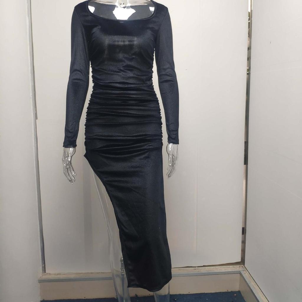 New Women's Elegant Sexy Square Neck Ruched High Waist Bodycon Split Dress Temperament Sexy Square Collar Retractable Small Dress