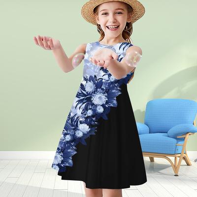 Girls 3D Print Dresses Kids Girl Party Sleeveless Princess Dress Tank 3D Print Tilt Etiquette Blue Flower Dress