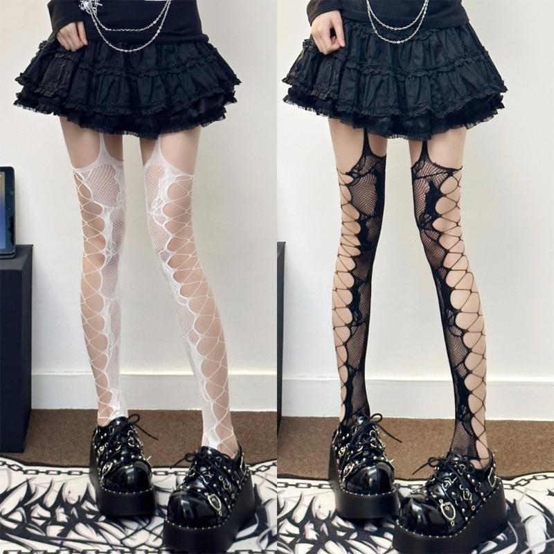 Women Aesthetic Sexy Side Crisscross Hollowed Out Thigh Stockings Tights Goth Rose Flower Patterned Suspender Pantyhose