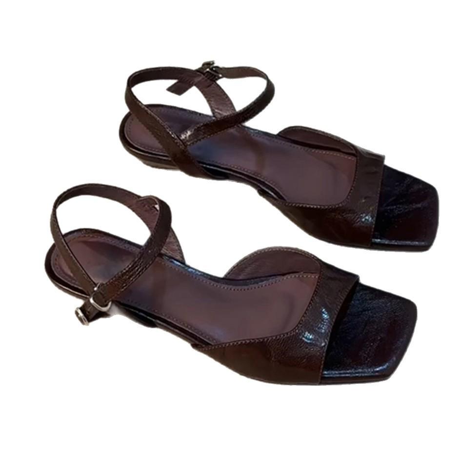 Soft Leather Version~ French Retro Simple Soft Leather One-word Buckle Sandals Women's New Versatile Low-heeled Hollow Roman Shoes