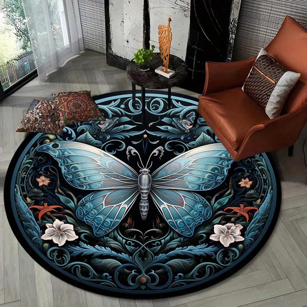 1pc Round Polyester Butterfly Rug - Non-Slip 3D Vintage Blue Art Deco Style Area Rug for Living Room, Bedroom - Crystal Velvet