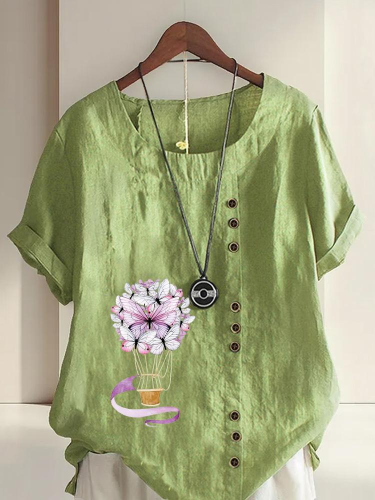 

Women s Fashion Butterfly Hot Air Balloon Print Shot Sleeve T-shirt Loose Cotton Shirt Casual Loose Summer Plus Size Blouse Tops 5XL зелений