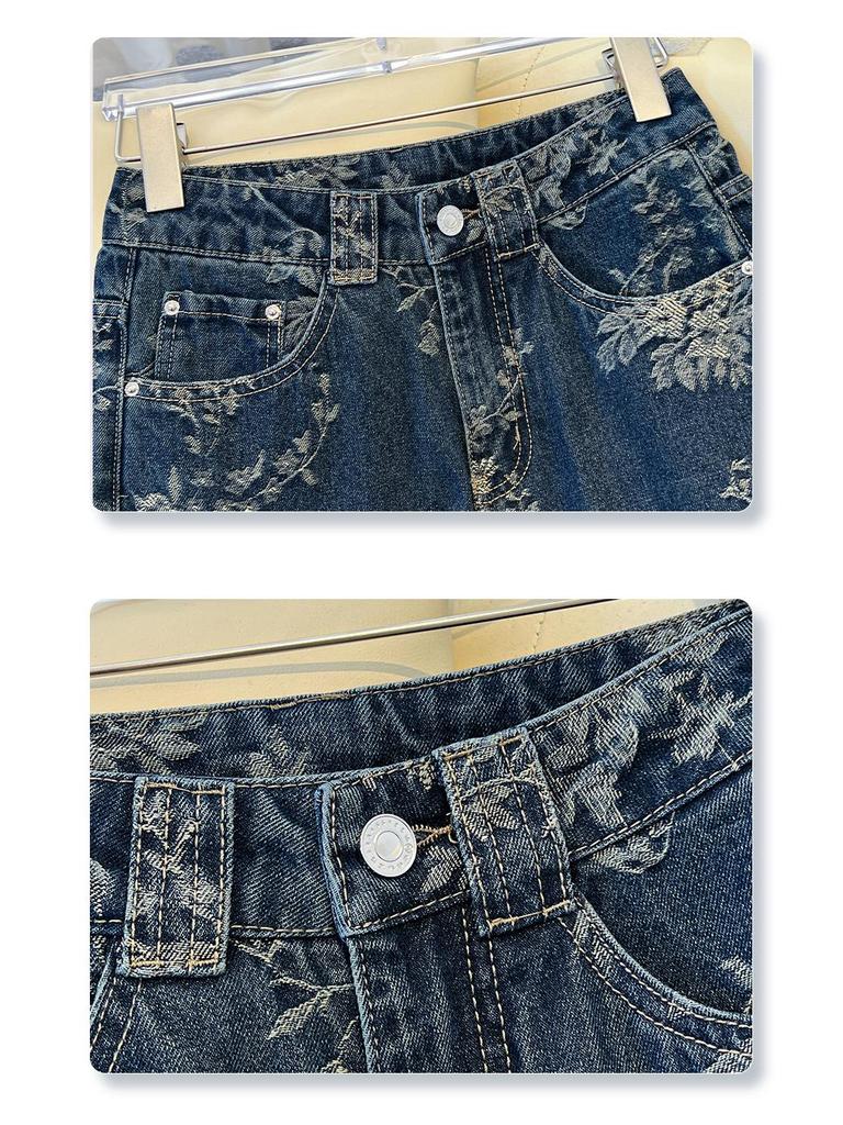 Women's High Waist Retro Blue Jacquard Straight Leg Jeans - 2025 Autumn Collection