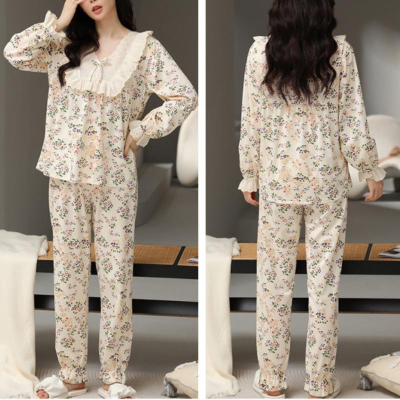 Large Size Plus 100 Pounds Pajama Suit Women's Spring and Autumn Pure Cotton Sweet Home Wear New Long-sleeved Trousers Home Wear Set