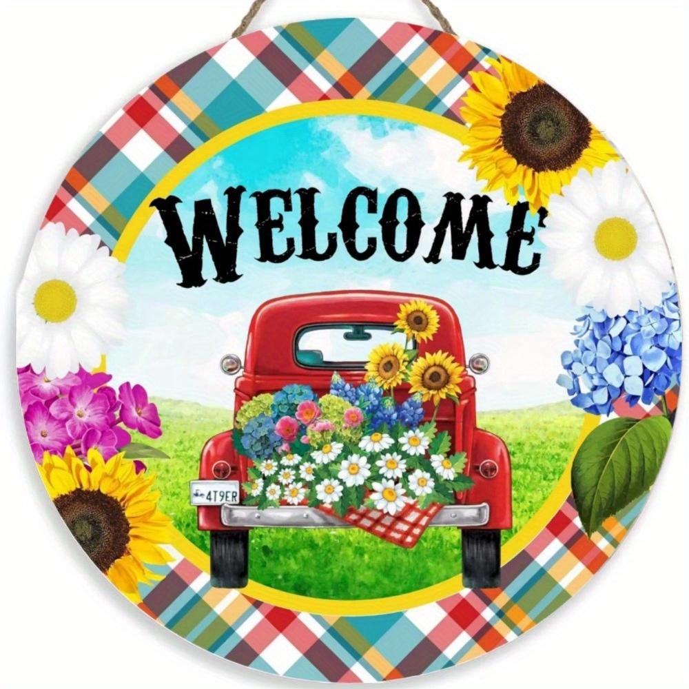 1pc 2d Flat Retro Round Wooden Sign Flower Market Flower Truck, Novel and Interesting Garage Bar Kitchen Home Family Friend Gift Wooden Sign- 20cm