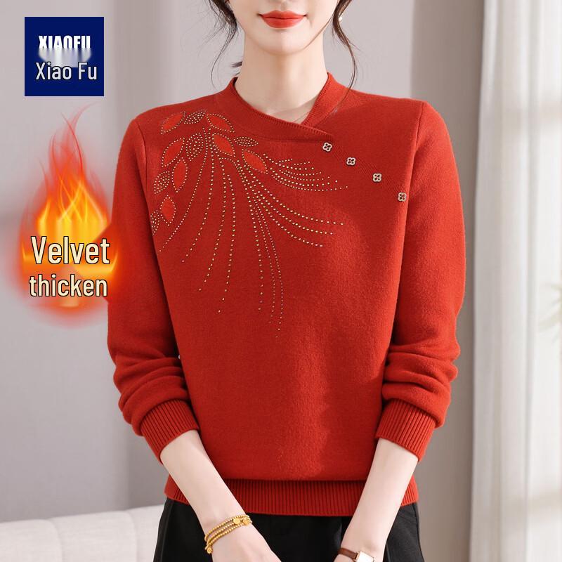 Middle-Aged Women's Warm Velvet Lined Stand Collar Sweater
