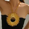 Retro Sunpatterned Rhinestone Necklace Gold Thick Chain Circular Pendant Exaggerated Individual Neck Chain Fashion Women Jewelry