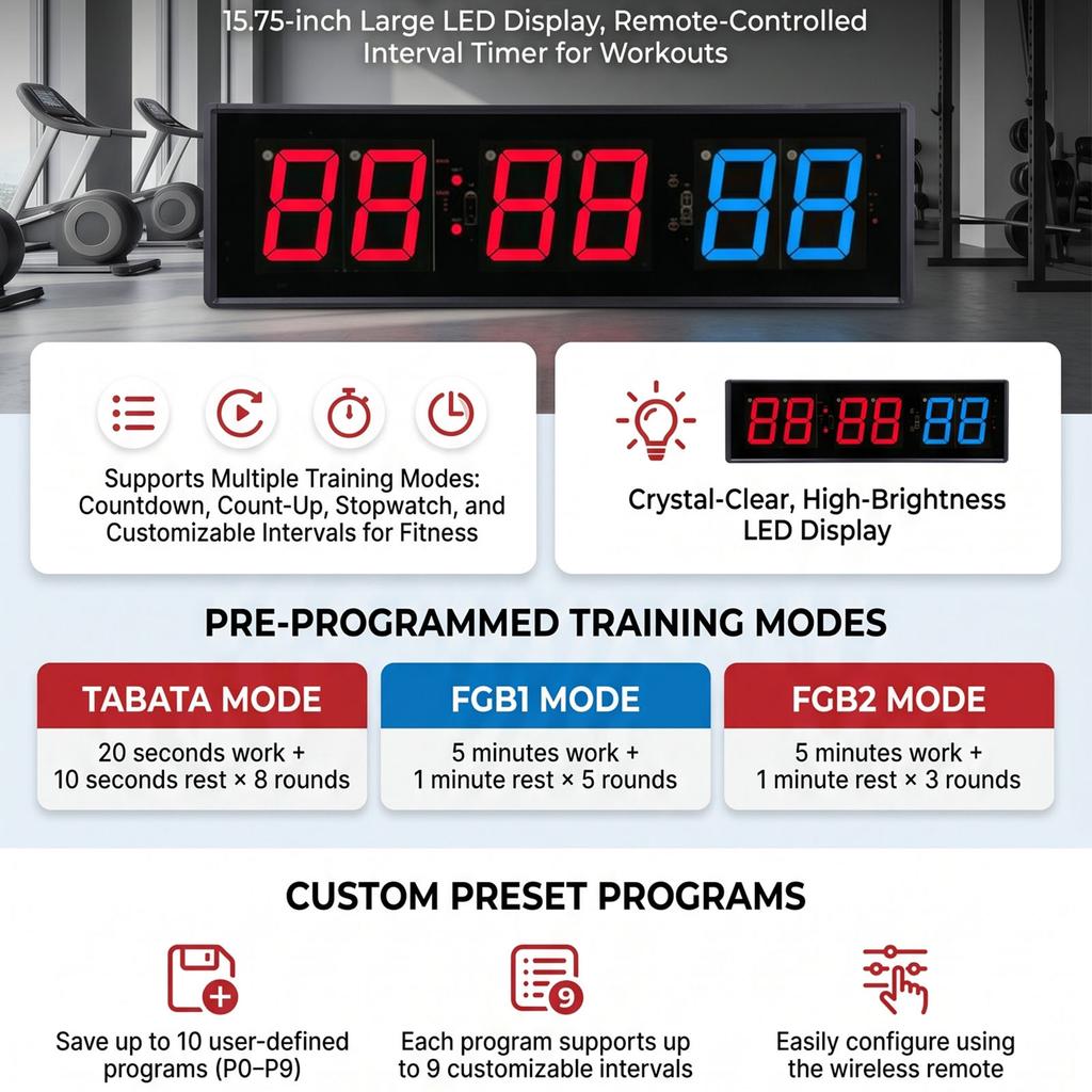 Gym Timer 15.75 Inch Large LED Display Remote Control Workout Interval Timer Supports Multiple Modes with Countdown Up