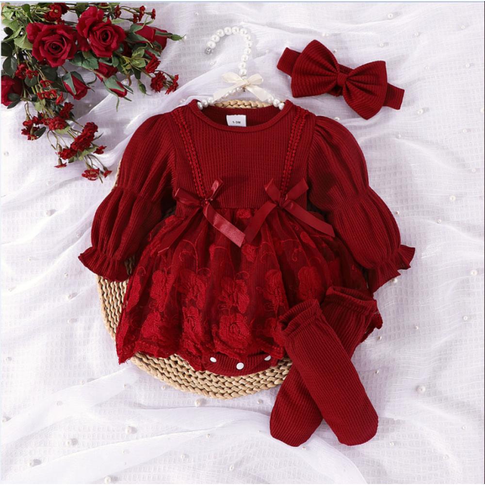 Baby- und Kleinkindkleidung Koreanischer Stil Herbst Waffel Laternenärmel Netz-Strampler mit offenem Schritt + Fußsocken + Kopfbedeckung