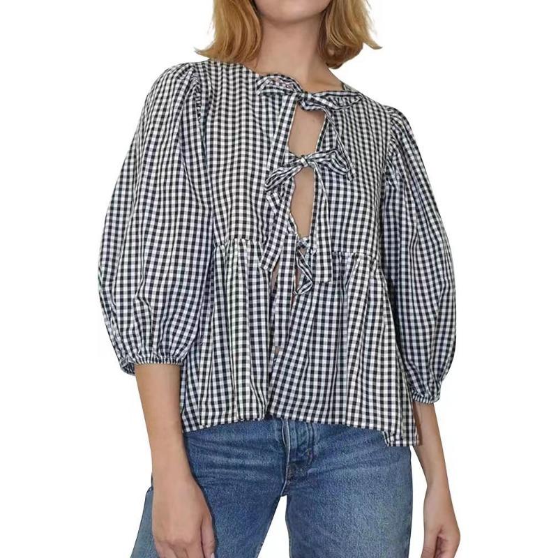 Spring and Summer Sweet and Casual Lace-up Striped Women's Blouses & Shirts