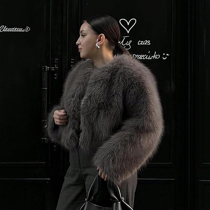 Cappotto Corto da Donna Grigio in Ecopelliccia Collo Tondo Ampio Manica Lunga Caldo Capospalla Stile Street Autunno Inverno
