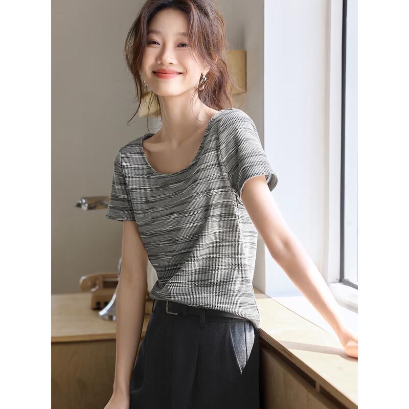 MOHANYIMEI Casual U-Neck Slim Gradient Short Sleeve T-Shirt S хизер серый
