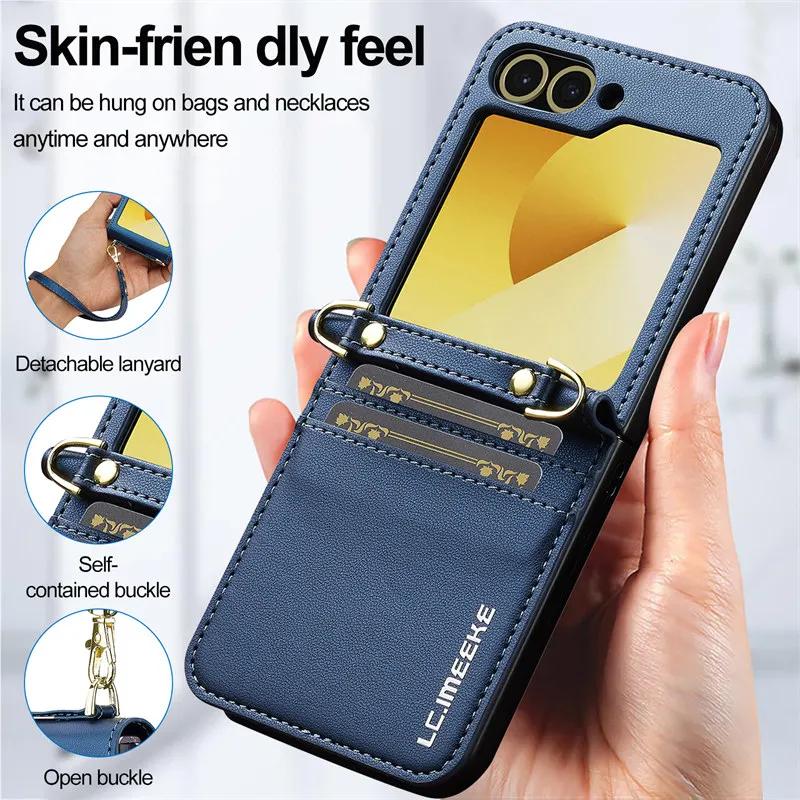 Magnetic Flip Leather Phone Case for Samsung Galaxy Z Flip 6 5 4 3 5G Flip6 Flip5 Flip4 Wallet Card Cover Etui Coque