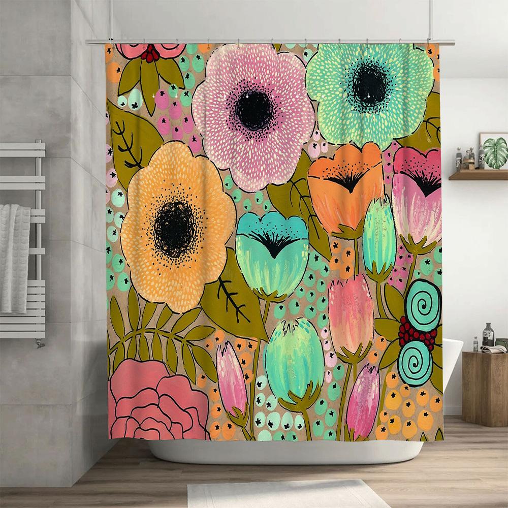 Floral Shower Curtain Botanical Pattern Nature Inspired Bathroom Decor Farmhouse Style Waterproof Fabric Backdrop Modern Artisti