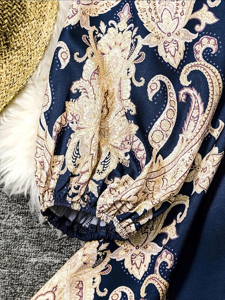 Frühlingshaftes Französisches Retro-Print-Kleid mit V-Ausschnitt, Laternenärmeln und Taillenbindeband