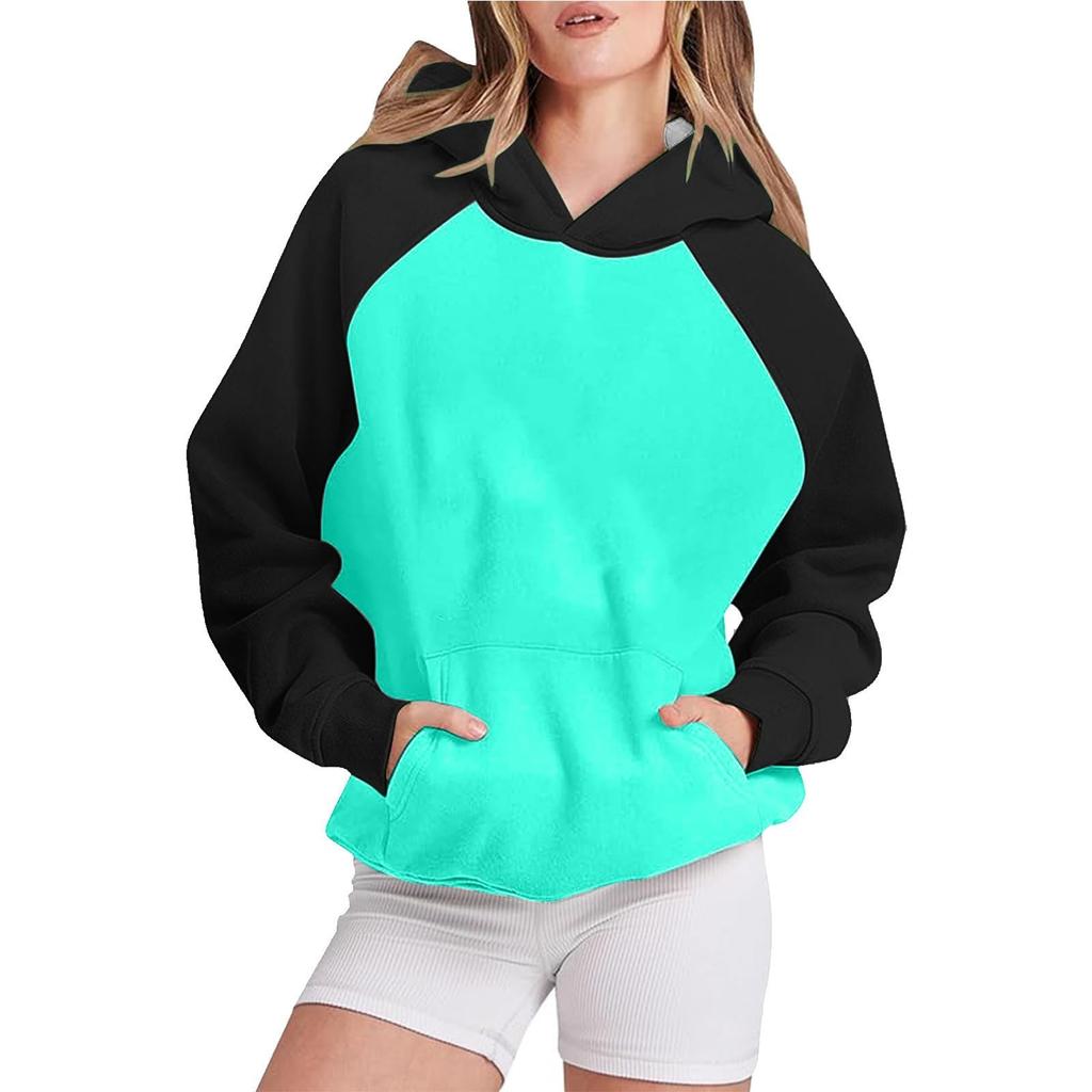 Womens Sleeve Hoodies Pullover Color Block Oversized Sweatshirt Loose Casual Lightweight Cute With Pocket