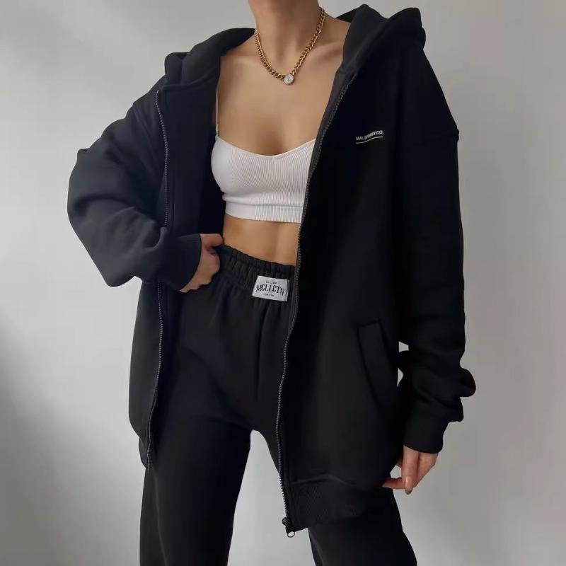 Damen Langarm Fleece Bedrucktes Kapuzensweatshirt und Lässige Hose Zweiteiliges Set