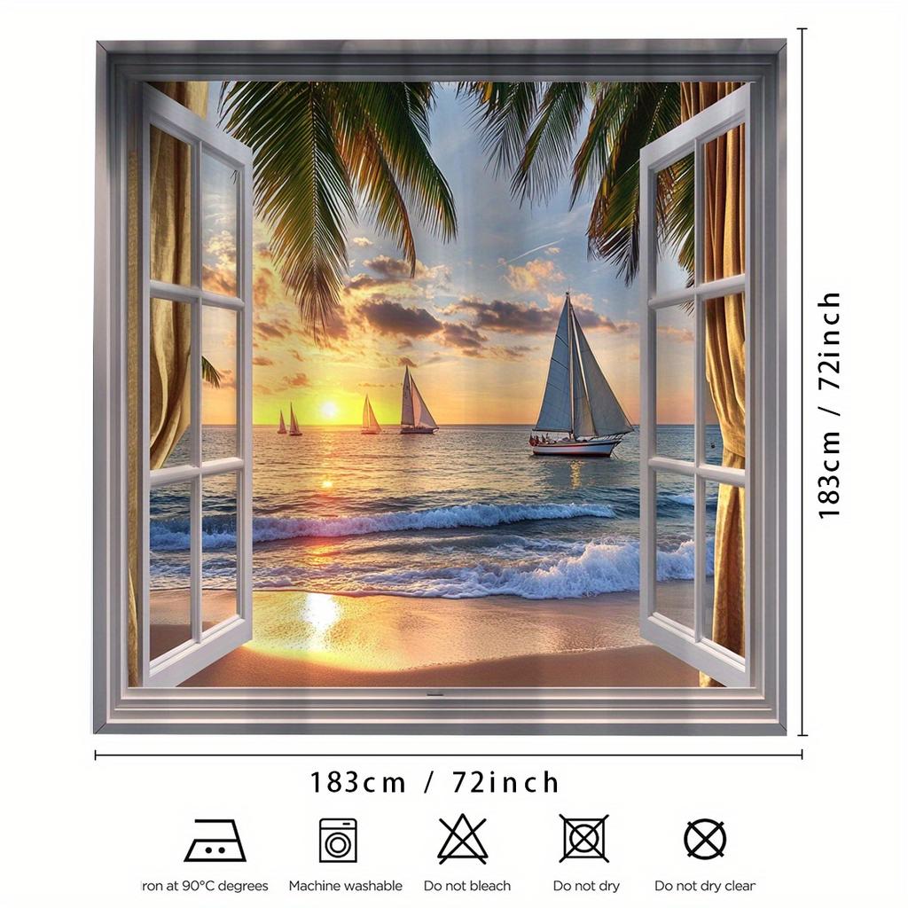 1 Tropical Beach View Shower Curtain - Polyester with Hooks, Sunset Sailboat and Palm Tree Design, Four Seasons Bathroom Decor