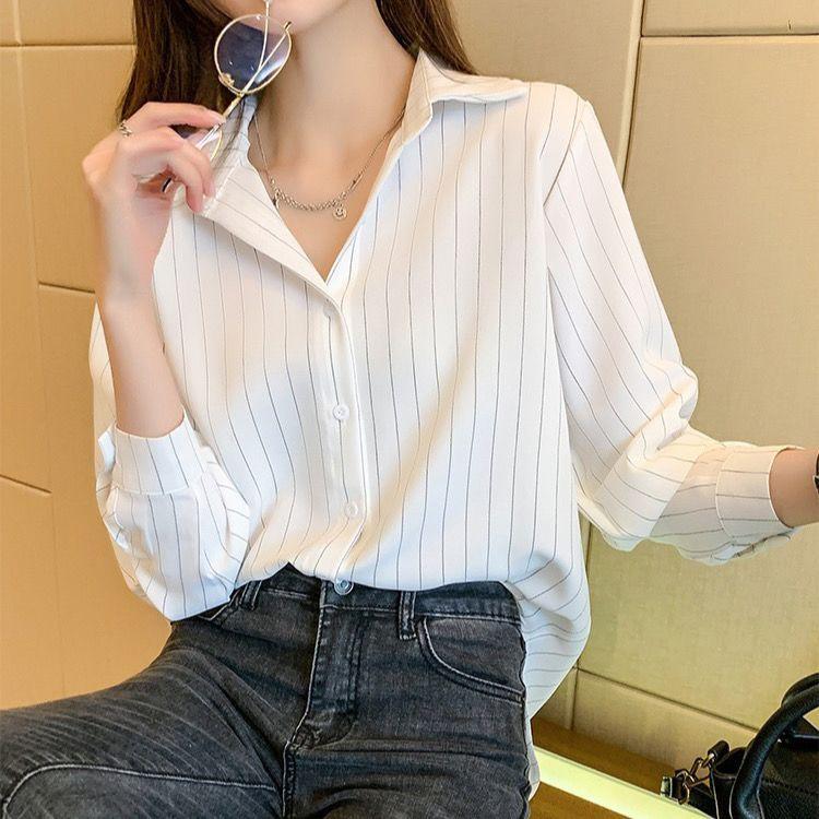 Early Spring Striped Chiffon Shirt Women's Spring 1116 New Spring Small Top Women's Long Sleeve Shirt