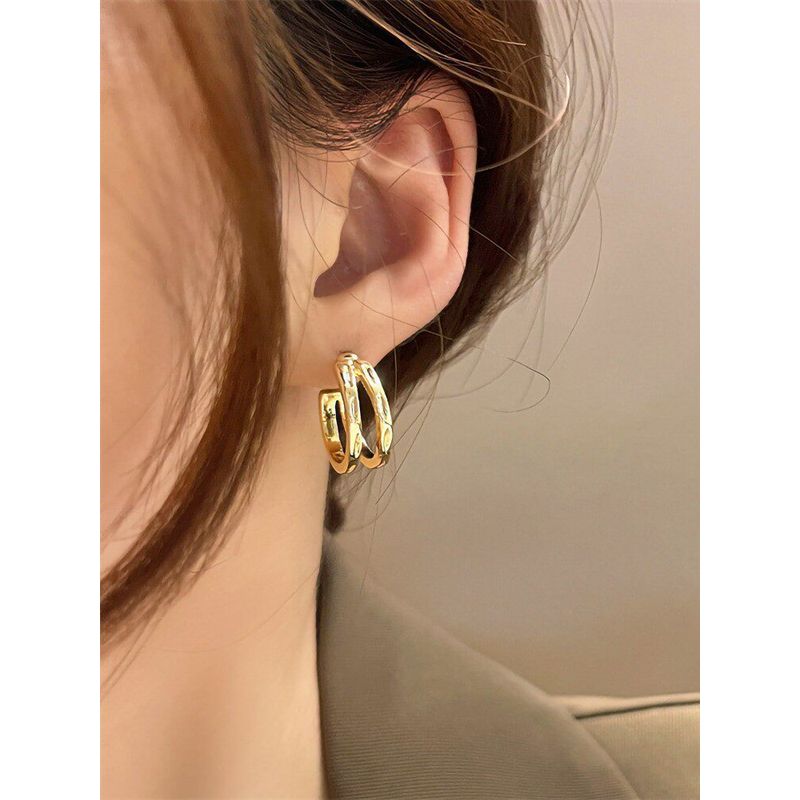 Metal Double Layer Hoop Earrings Ear Clip without Pierced Female Minimalist All-Match Temperamental Stud Earrings Special-Interest Earrings Tide