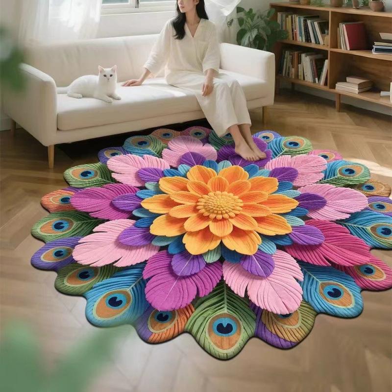 3D Visual Floral Circular Floor Mat, Crystal Velvet Printed Carpet, Home Decoration Living Room Anti-slip and Easy-to-maintain Carpet