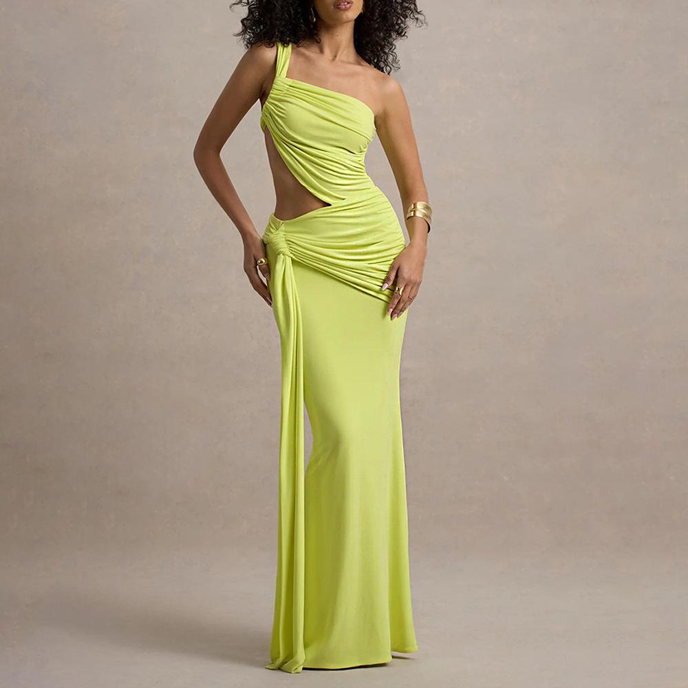 European and American summer new fashion solid color shoulder tube top shrink pleated sexy backless strap dress women