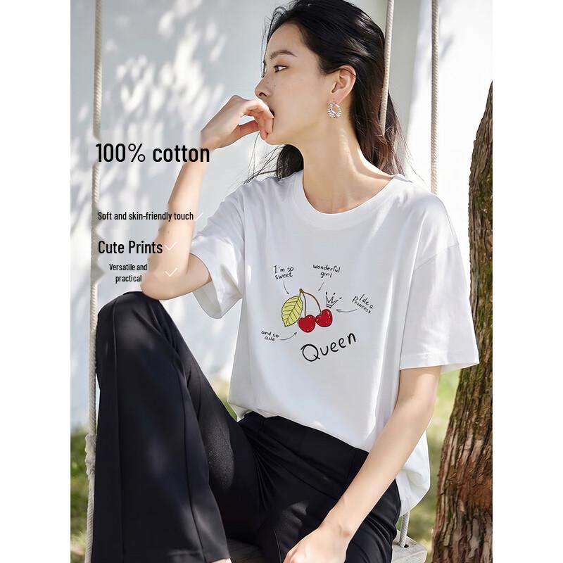 Women s Round Neck Color Block Print Loose T-Shirt M белый