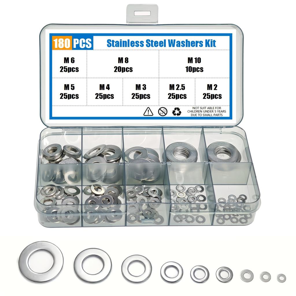 Stainless Steel 80-580pcs Assortment Set - Flat Washers Kit with Custom Storage Box - Multiple Sizes (M2-M10) for Screws Bolts,