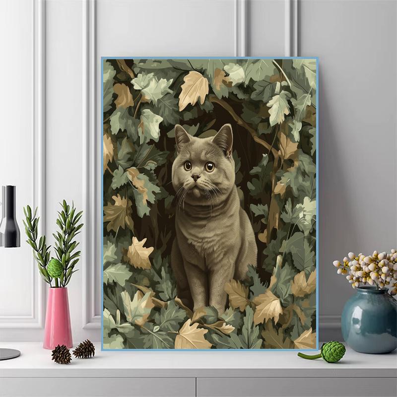 British Shorthair cat and plants Pattern  3pcs 100% Round Full Drill 5D DIY Diamond Painting Embroidery Cross Stitch Rhinestone Décor