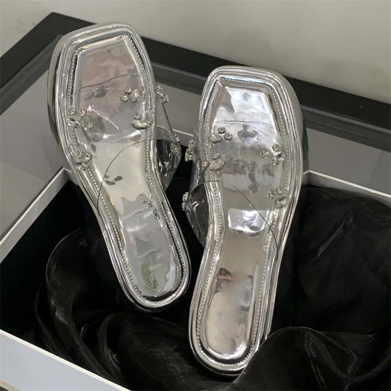 Fashion Women Shoes Diamond Transparent Slippers Women Solid Platform Wedges Shoes Women's Sandals Summer Square Toe High Heels Sandals