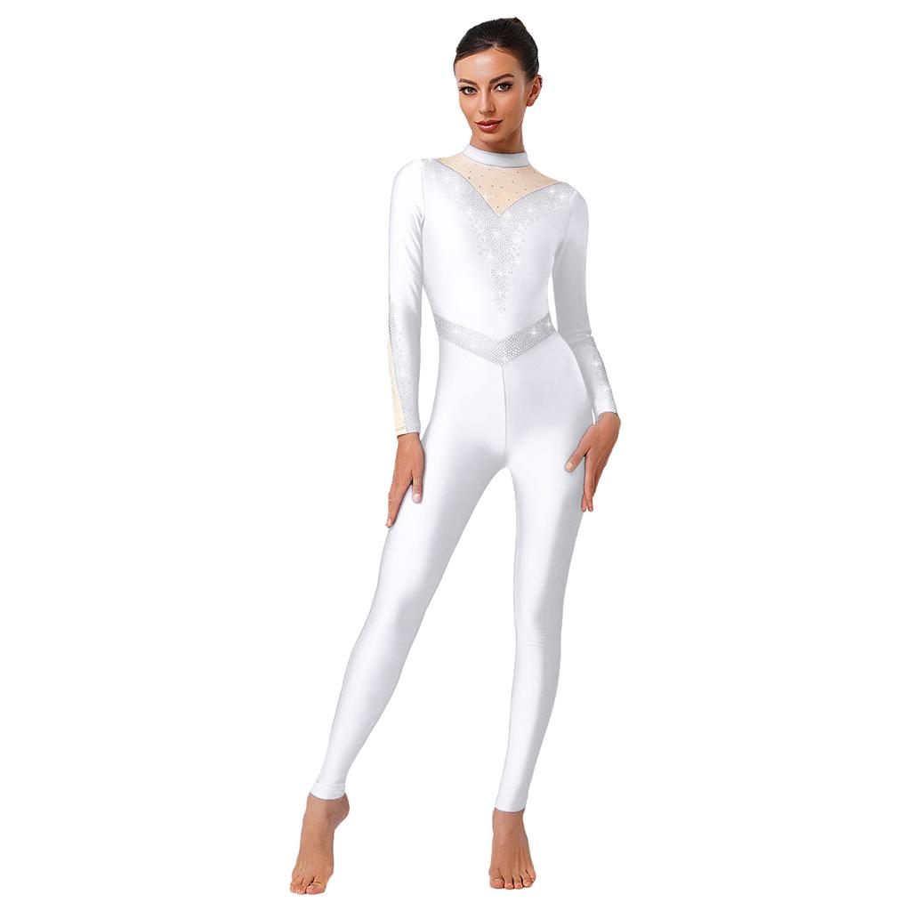 Womens Sparkle Rhinestone Dance Gymnastics Leotard Mock Neck Long Sleeve Long Pants Jumpsuit