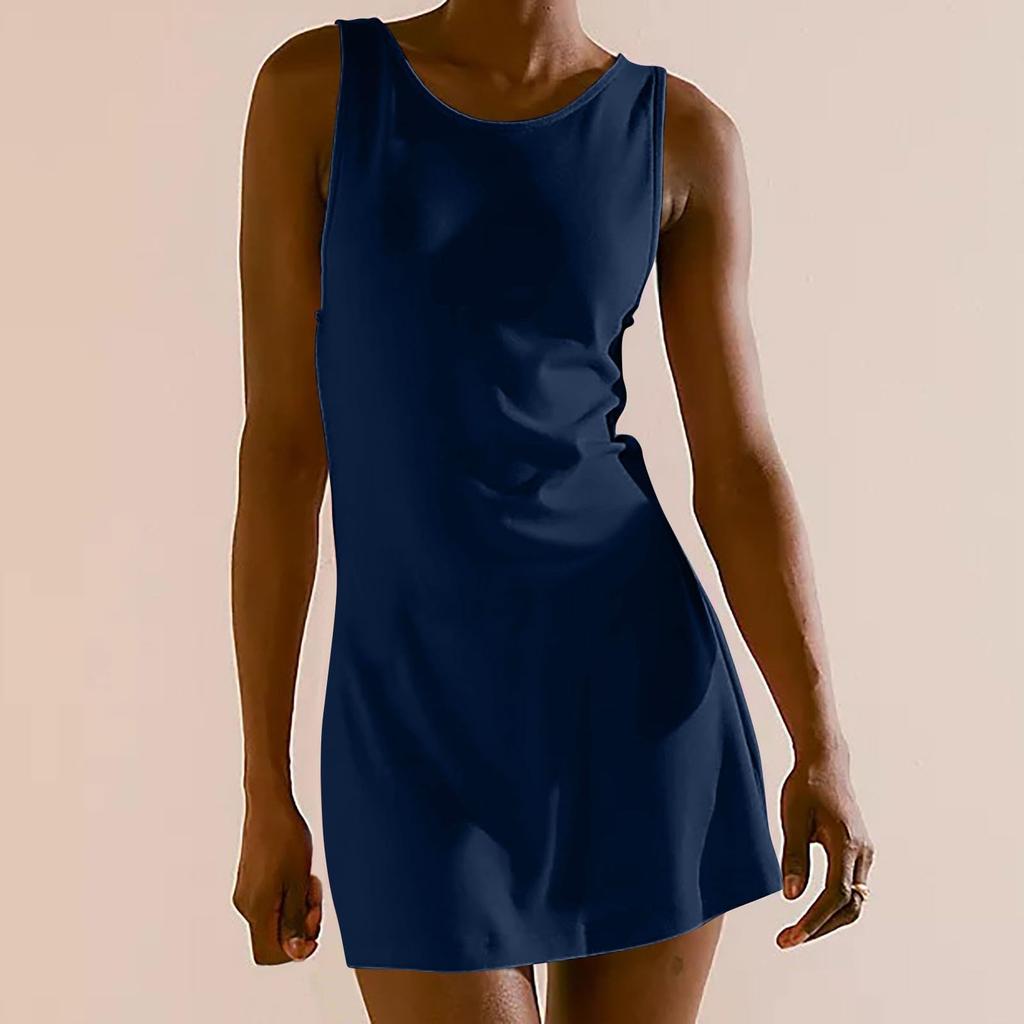 Women Sleeveless Casual Crew Neck Fitted Solid Tank Dress Soft Lightweight Simple Design Comfortable Mini Dress for Daily Wear