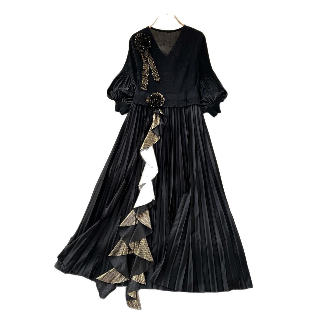 European and American Celebrities High-end Dress Women's Autumn Fungus Edge Ruffle Edge Loose Design Temperament Big Pendulum Long Skirt