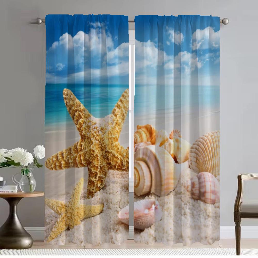 Blackout Kitchen Curtains for Bedroom Beach Scenery Seashells Starfish Living Room Curtain Halloween Decoration Shades Partition