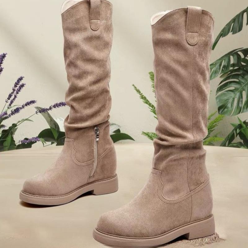 

Block Heel Tall Boots 2026 Autumn Round Toe Side Zip Cow Suede Soft Sole Non-Slip Wear-Resistant Stack Boots 35