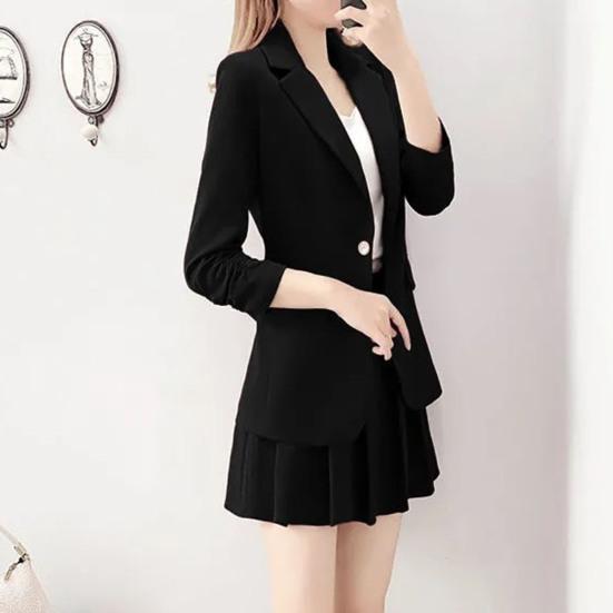 2 Pièces/ensemble Manteau Jupe Ensemble Femmes Printemps Automne Revers Manches Longues Bouton Unique Costume Manteau Plissé Mini Jupe Ensemble Couleur Unie Ensemble