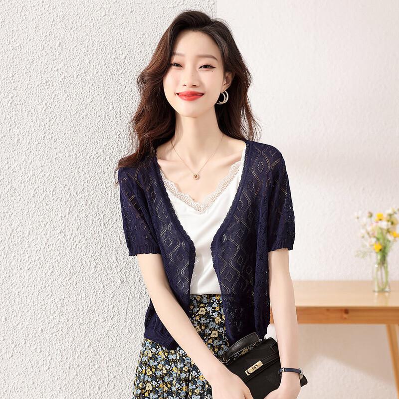 Sanpowa Women s Ice Silk Short-Sleeve Knit Cardigan M