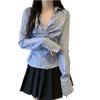 Womens Striped V-Neck Long Sleeve Shirt Slim Fit Tailored Blouse With Button Front Winter Casual Chic Top