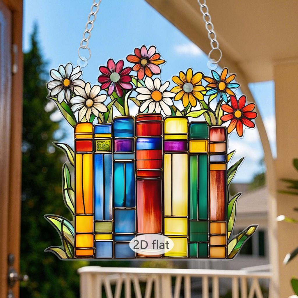 Multicolored Window Hanging Flower Books 2D Flat Plastic Wall Pendants for Door Decors Housewarmings Gift for Women Girls
