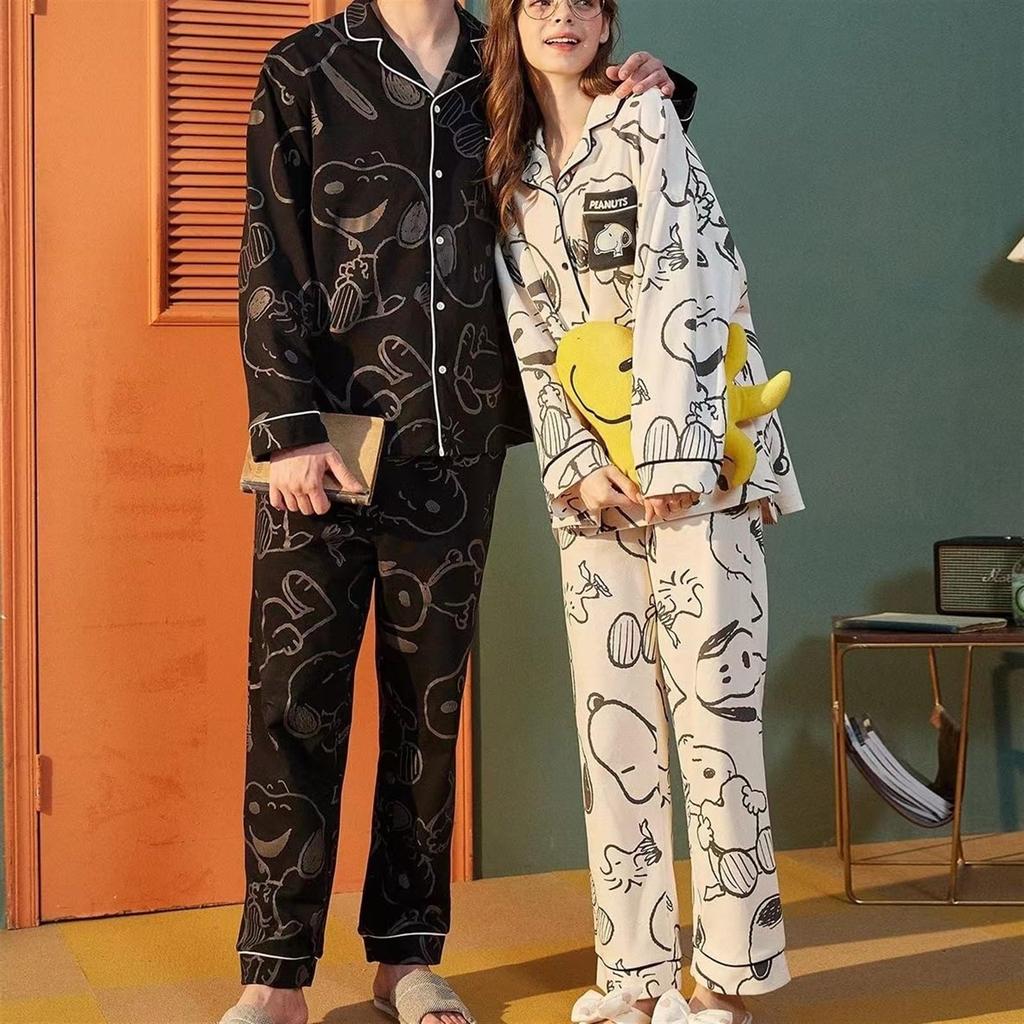 Snoopy Charlie Brown Pajamas Lounge Wear Top and Bottom Set Cotton Long Sleeve Open Front Loungewear Cute for Children Girls Adults Stylish Good