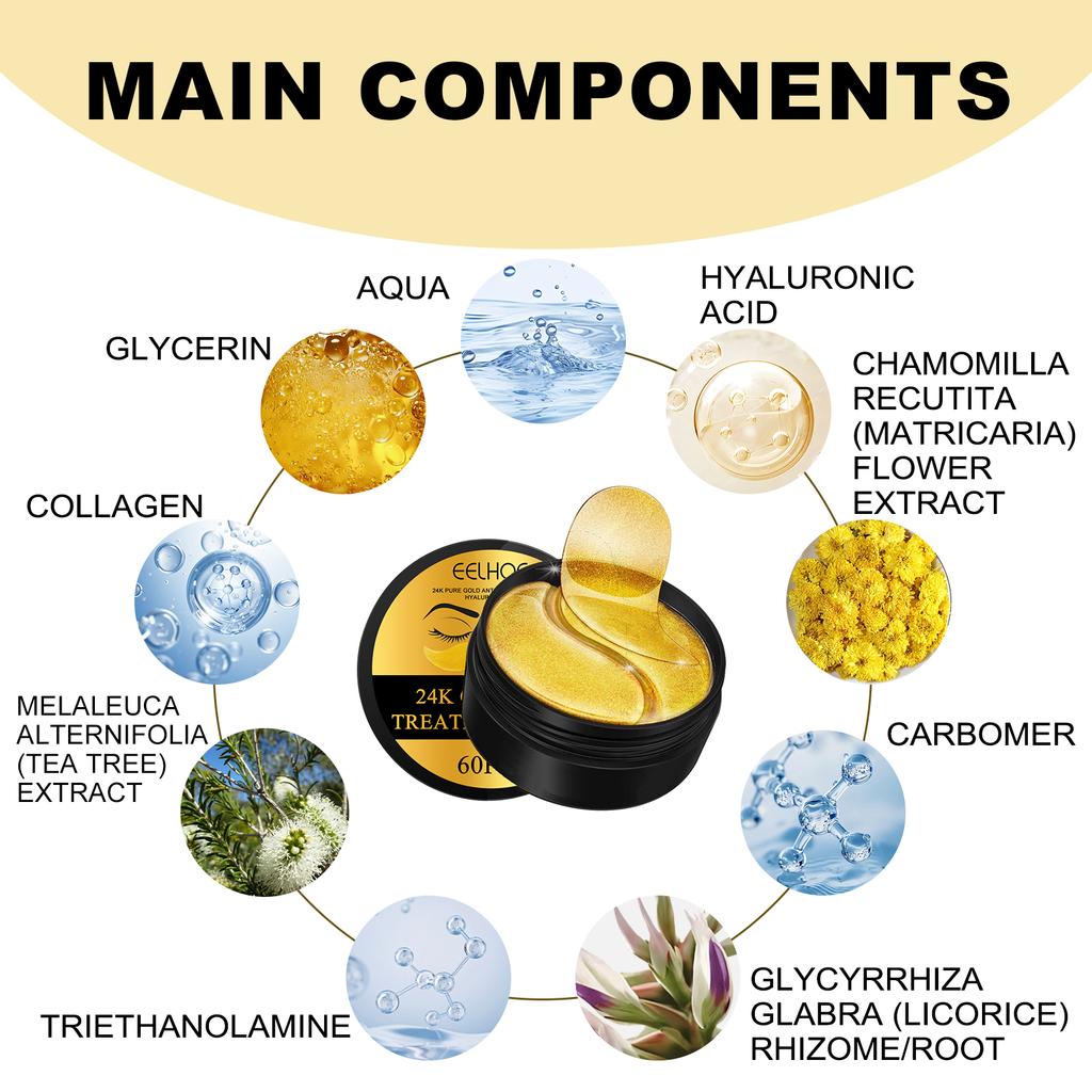 EELHOE 24k Gold Under Eye Patches 60 Pcs Eye Mask Pure Gold Anti-aging Collagen Hyaluronic Acid Under Eye Mask