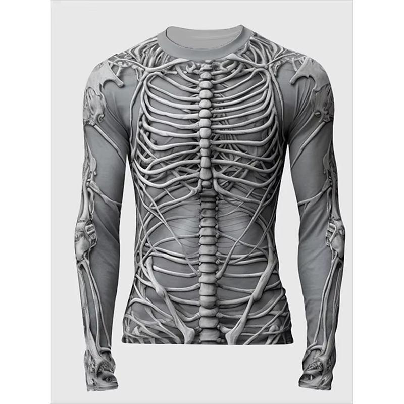 Spring and Autumn Round Neck 3D Skeleton Skull Pattern Printed Top Fashionable Casual Long Sleeved Men's T-shirts
