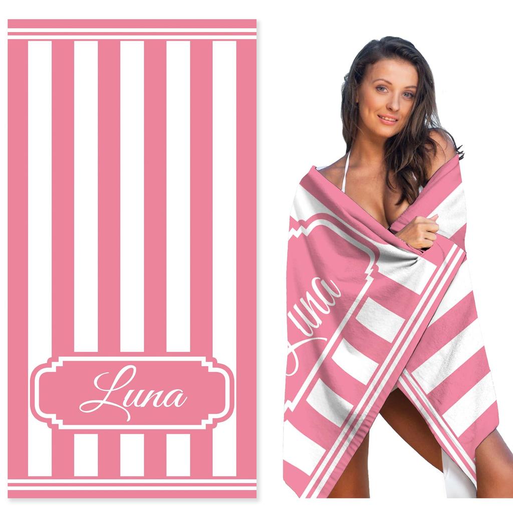 Personalized Striped Beach Towel Custom Name/Logo Oversized Microfiber Towel Summer Party Gift for Beach Swimming Bath Sports