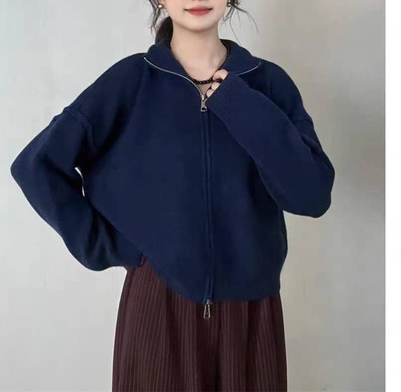 Foreign Trade New Double Zipper Reverse Set Design Sense Loose Simple Knitted Cardigan Solid Color Casual Sweater Jacket Women