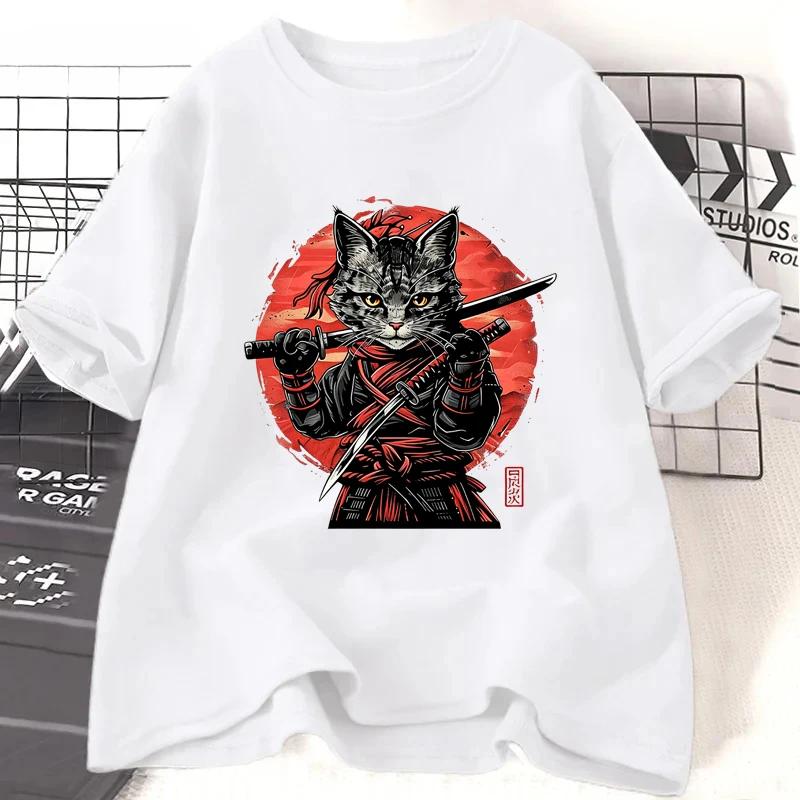 Samurai Cat Print Tshirts Summer Casual Harajuku Fashion Unisex Streetwear Y2K Short Sleeve Tops Oversize ONeck Tshirts