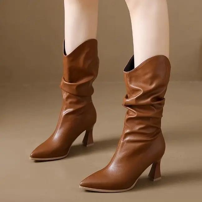 Trend 2024 Women's Half High Boots Retro Middle Heel Designer Luxury Winter Ladies Mid Calf Shoes Novelty Quality Waterproof New