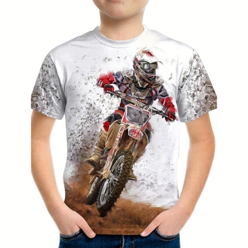 Boy's Fashion 3D Printed T-Shirt - Short Sleeve Crew Neck Casual Streetwear Bike Design for Young People